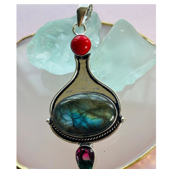 925 Sterling  Labradorite Coral & Tourmaline  Pendant - Picture 2 of 5